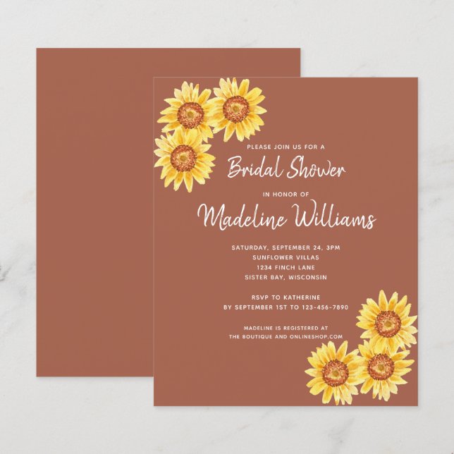 Budget Sunflower Bridal Shower Invitation  (Front/Back)