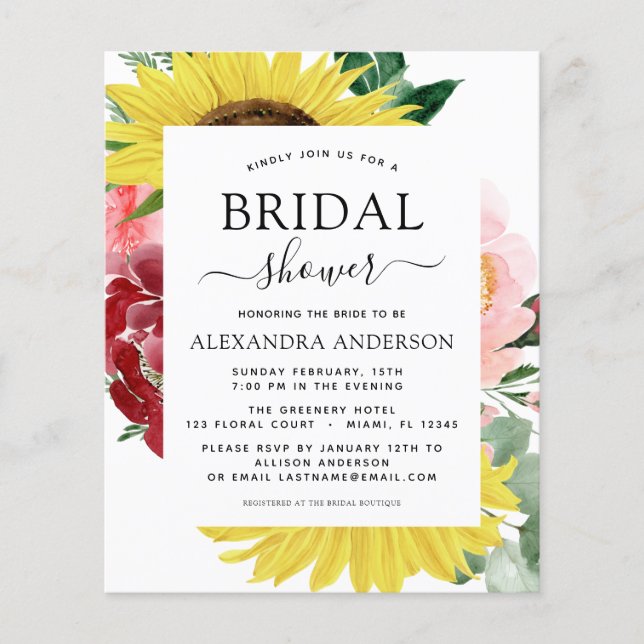 Budget Sunflower Bridal Shower Spring Floral Flyer (Front)