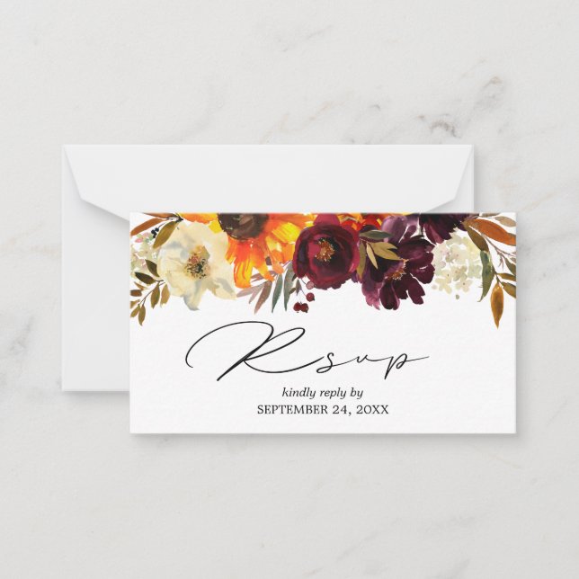 Budget Sunflower & Burgundy Floral 2SM Meal RSVP Card (Front)