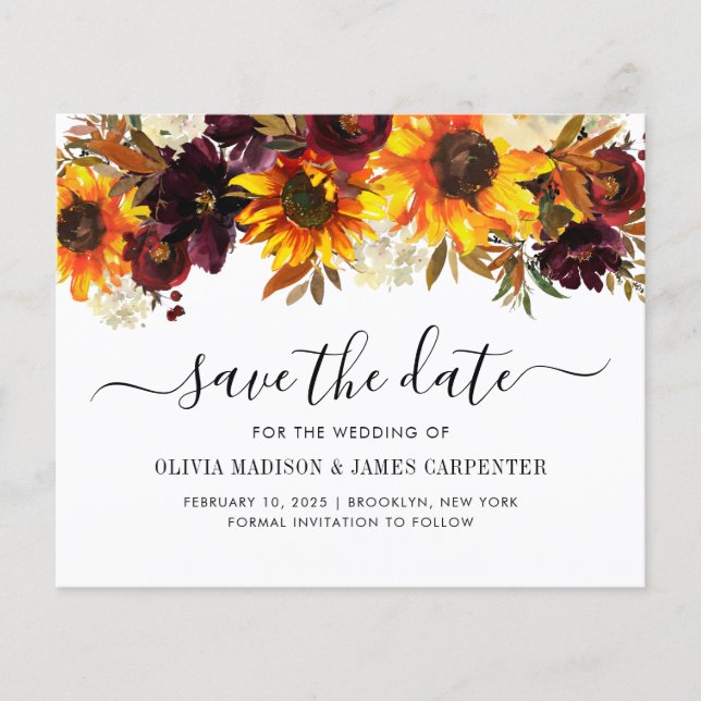 Budget Sunflower Burgundy Floral Save the Date (Front)