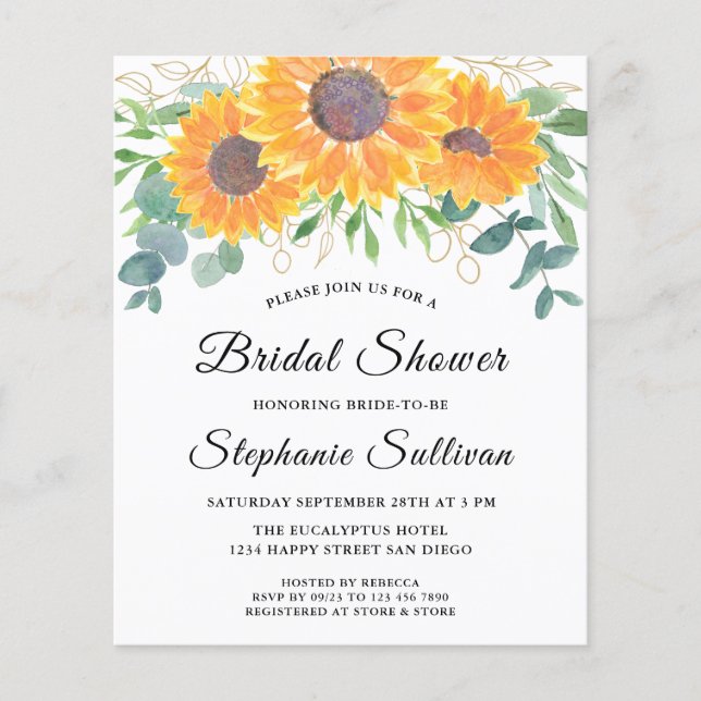 Budget Sunflower Eucalyptus Bridal Shower Invite (Front)