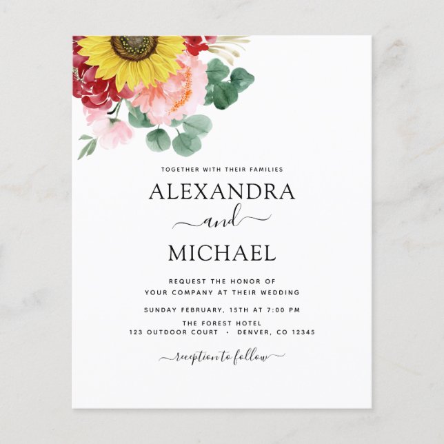 Budget Sunflower Eucalyptus Country Wedding Flyer (Front)