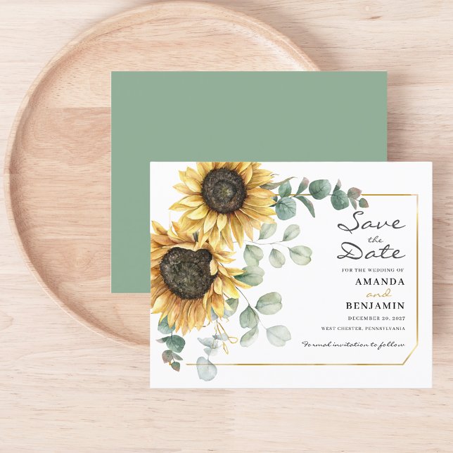 Budget Sunflower Eucalyptus Floral Save The Date (Floral Sunflower Eucalyptus Wedding Save the Date Announcement)