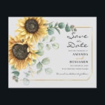Budget Sunflower Eucalyptus Floral Save The Date<br><div class="desc">Create a modern Sunflower Floral save the date budget card with this cute template featuring beautiful rustic floral bouquet, geometric gold effect frame, with modern simple typography. TIP: Matching wedding suite cards like RSVP, wedding programs, banners, tapestry, gift tags, signs, and other wedding keepsakes and goodies are available in the...</div>