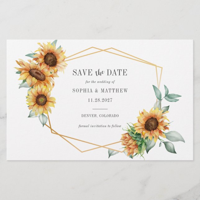 Budget Sunflower Eucalyptus Geometric Save Date Stationery (Front)