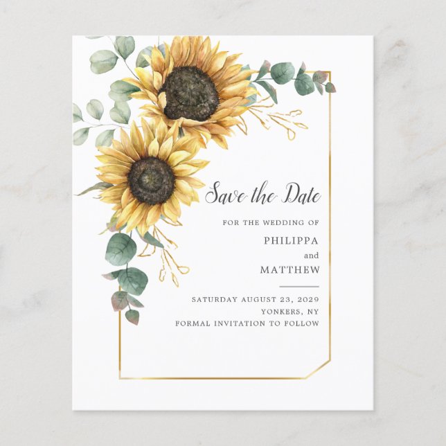 Budget Sunflower Eucalyptus Greenery Save the Date (Front)