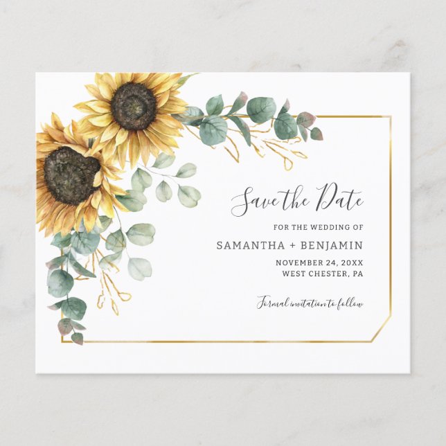 Budget Sunflower Eucalyptus Greenery Save The Date Flyer (Front)