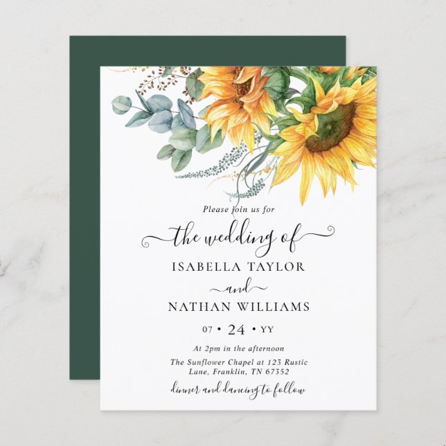 Budget Sunflower Eucalyptus Wedding Invitation (Front/Back)