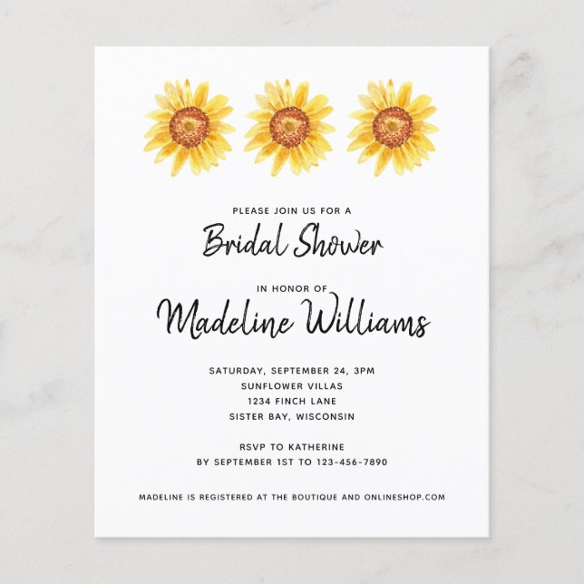 Budget Sunflower Floral Bridal Shower Invitation (Front)