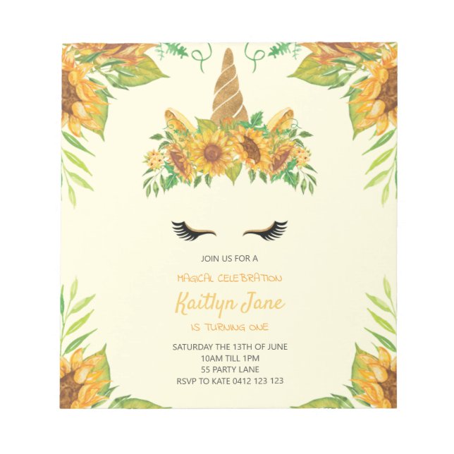 BUDGET Sunflower Floral Unicorn Yellow Invitation Notepad (Front)