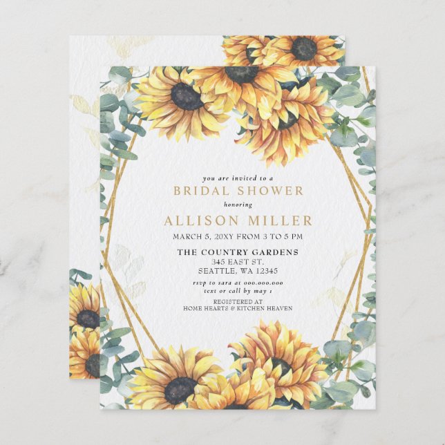 Budget Sunflower Gold Bridal Shower Invitation (Front/Back)