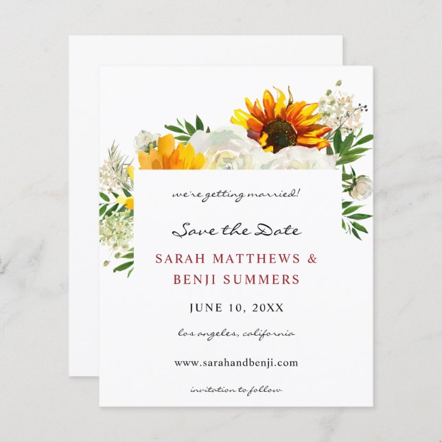 Budget Sunflower & W Floral Artsy Save the Date 2 (Front/Back)