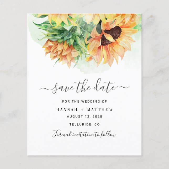 Budget Sunflower Watercolor Wedding Save The Date (Front)