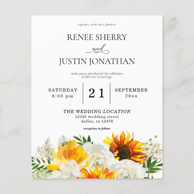 Budget Sunflower & White Rose Floral Wedding Flyer (Front)