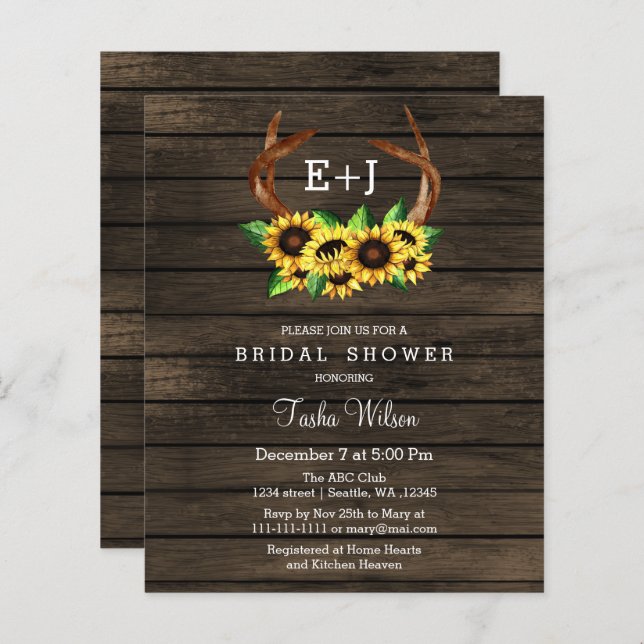 Budget Sunflowers Antlers Bridal Shower Invitation (Front/Back)