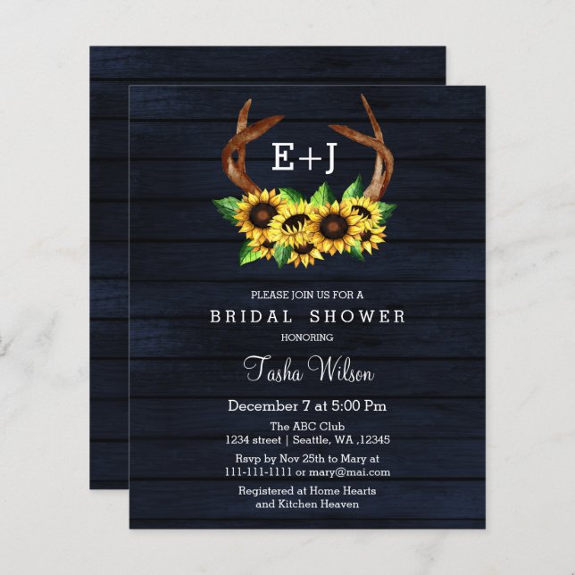 Budget Sunflowers Antlers Bridal Shower Invitation (Front/Back)