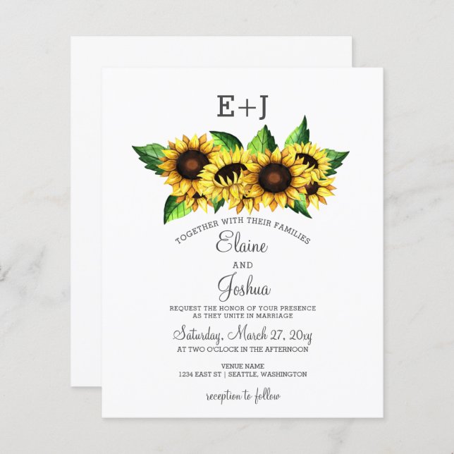 Budget Sunflowers Country Wedding Invitation (Front/Back)