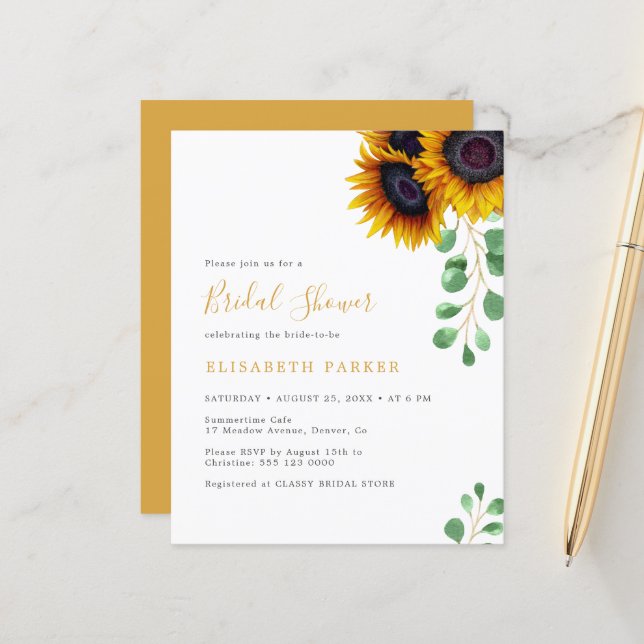 Budget sunflowers eucalyptus bridal shower invite (Front/Back In Situ)