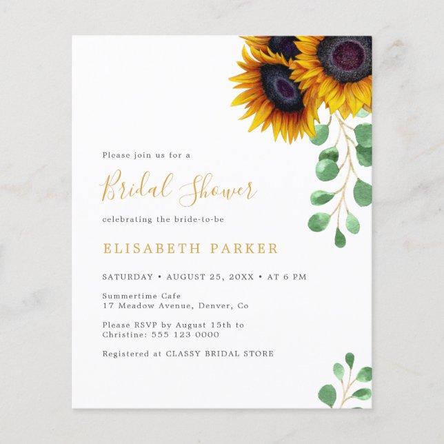 Budget sunflowers eucalyptus bridal shower invite flyer (Front)