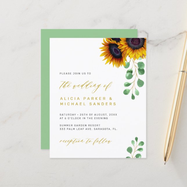 Budget sunflowers eucalyptus wedding invitation (Front/Back In Situ)