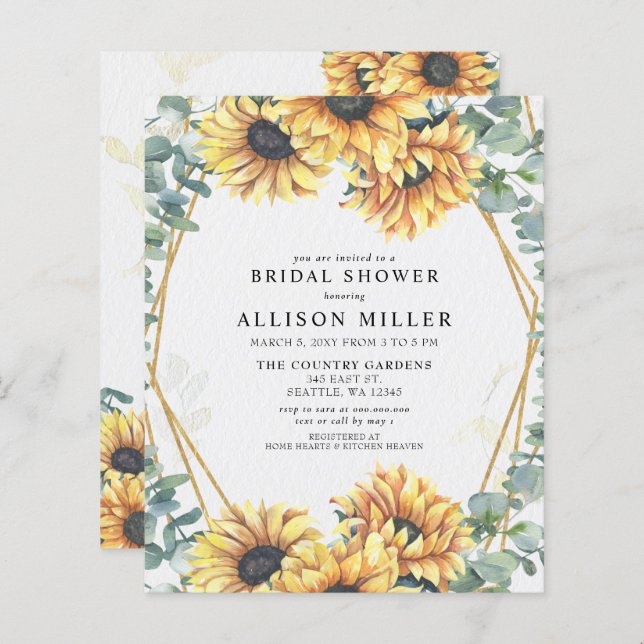 Budget Sunflowers Gold Bridal Shower Invitation (Front/Back)