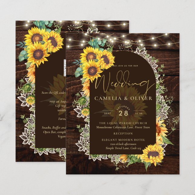 BUDGET Sunflowers Lights Lace Wedding INVITE (Front/Back)