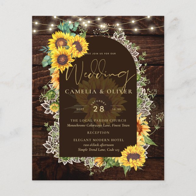 BUDGET Sunflowers Lights Lace Wedding INVITE Flyer (Front)