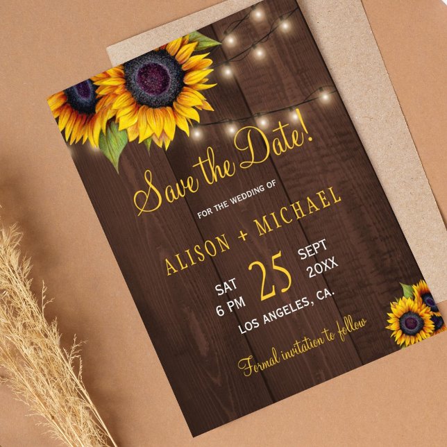 Budget sunflowers rustic wood save date wedding flyer (Creator Uploaded)