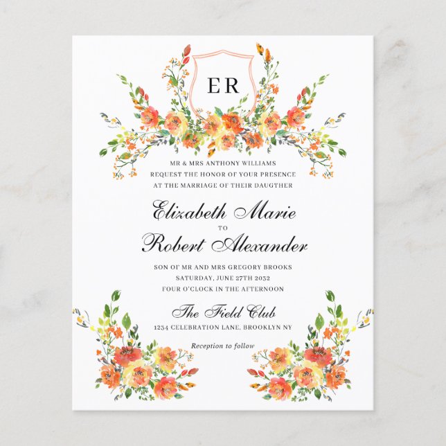 BUDGET Sunset Bloom Monogram Floral Crest Wedding (Front)