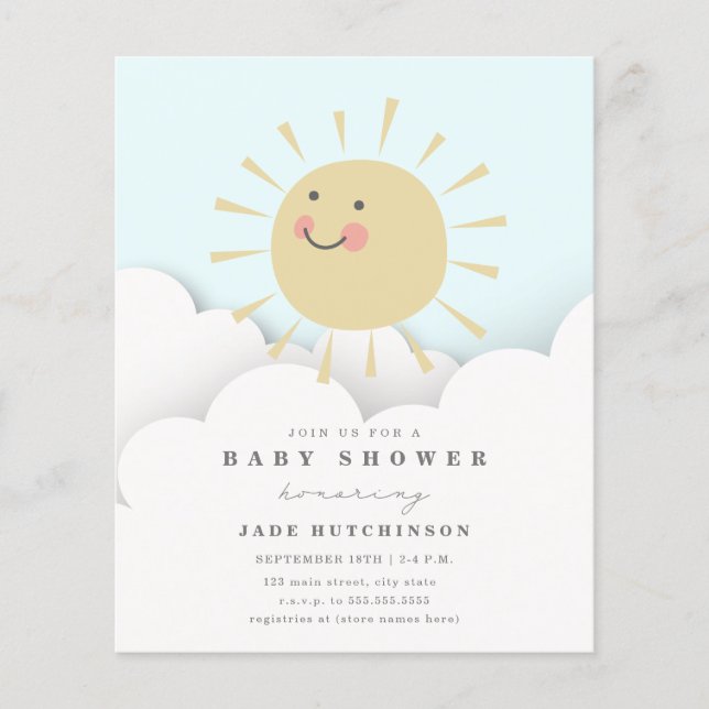 Budget Sunshine Clouds Baby Shower Invitation (Front)