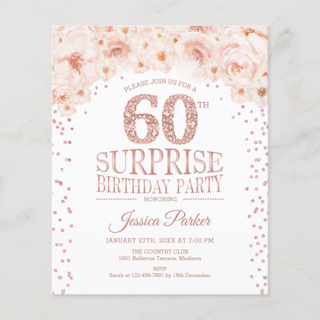 Budget Surprise 60th Birthday - Rose Gold Invite Flyer (Front)