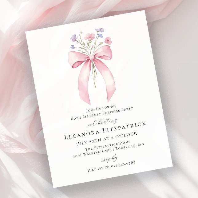 BUDGET SURPRISE 80th Birthday Pink Bow Invite (Creator Uploaded)