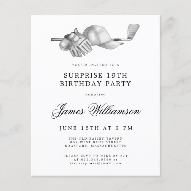 BUDGET Surprise Golf 19th Birthday Invitation (Front)
