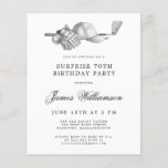 BUDGET Surprise Golf 70th Birthday Invitation<br><div class="desc">Elegant black and white birthday invitation for a golfer. The top of the invitation is decorated with golf accessories - a golf club, golf ball, hat and gloves. The watercolor design creates a traditional and classic aesthetic. Perfect for a birthday bash at the club or a backyard BBQ. All of...</div>