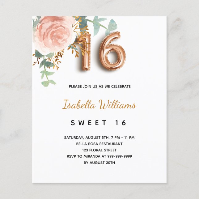 Budget Sweet 16 16th floral rose gold eucalyptus (Front)