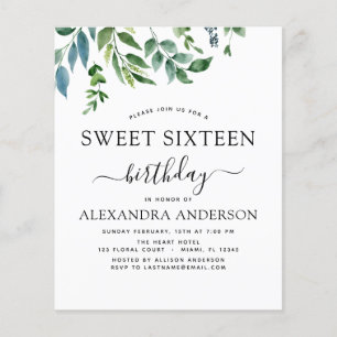 Budget Sweet 16 Birthday Botanical Greenery Flyer