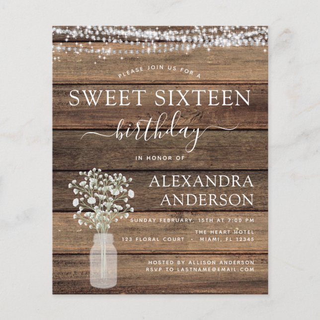 Budget Sweet 16 Birthday Rustic Invitation Flyer (Front)