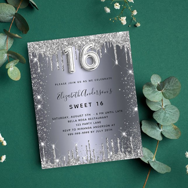 Budget Sweet 16 birthday silver glitter invitation (Creator Uploaded)