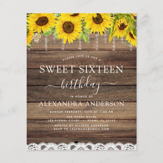 Budget Sweet 16 Birthday Sunflower Invitation Flyer (Front)