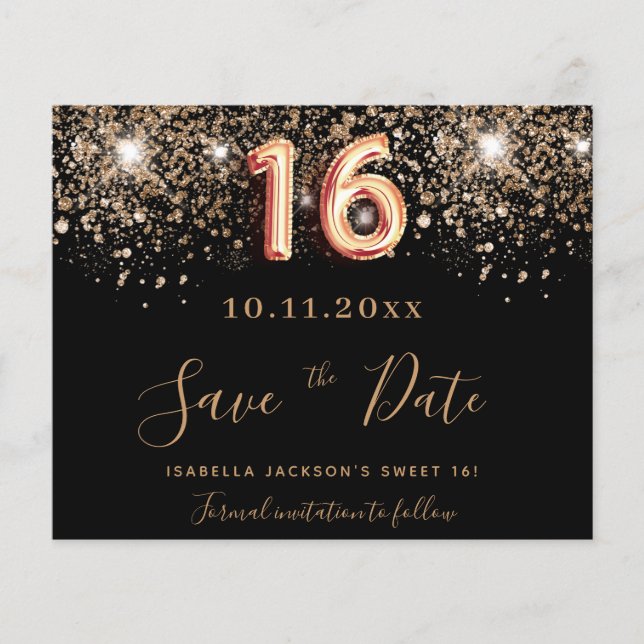 Budget Sweet 16 black glitter save the date (Front)