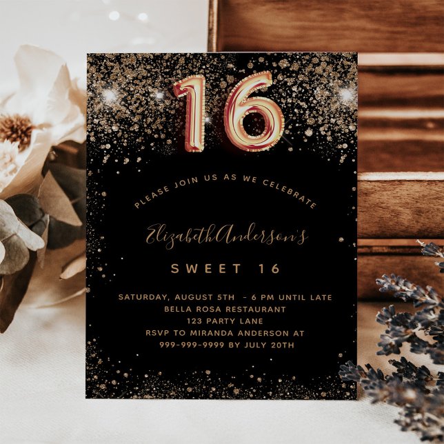 Budget Sweet 16 black gold glitter invitation (Creator Uploaded)
