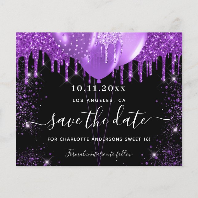 Budget Sweet 16 black purple save the date (Front)