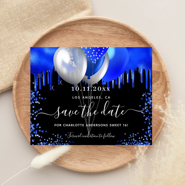 Budget Sweet 16 black royal blue save the date (Creator Uploaded)