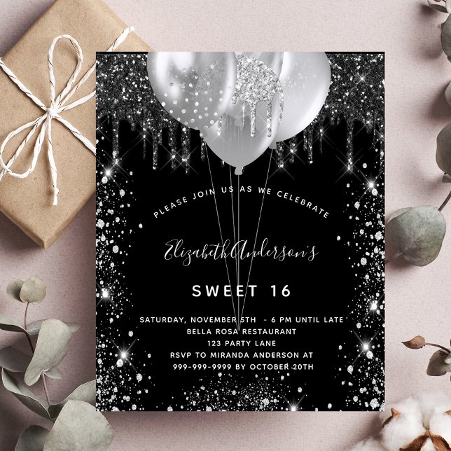 Budget Sweet 16 black silver balloons invitation (Creator Uploaded)