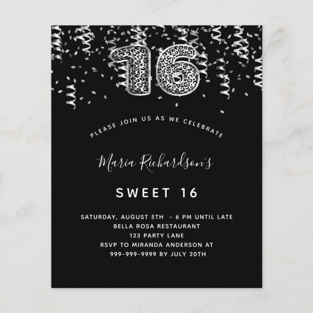 Budget Sweet 16 black silver leopard confetti (Front)