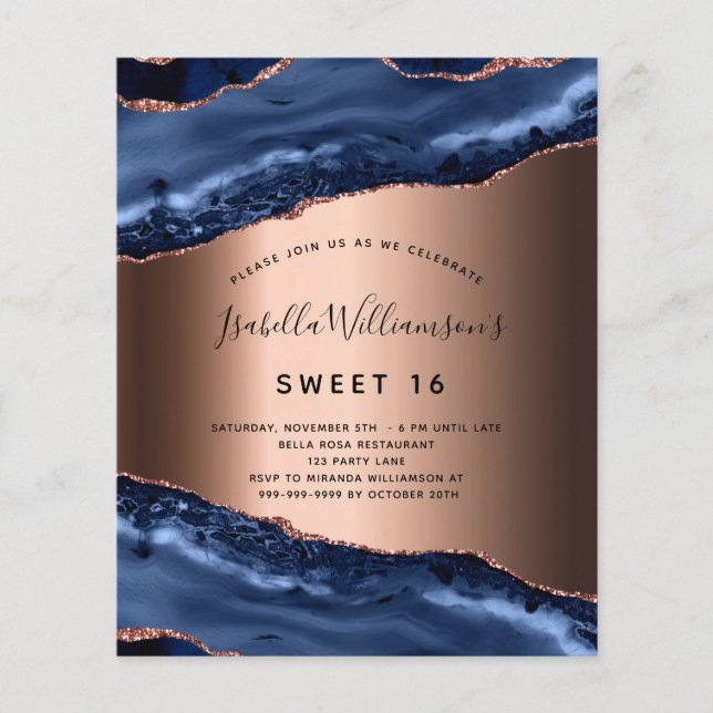 Budget Sweet 16 blue agate rose gold invitation (Front)