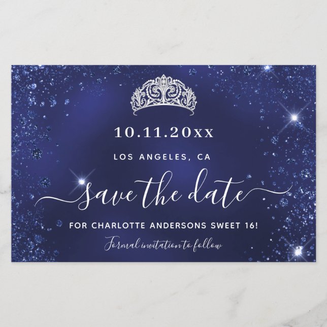 Budget Sweet 16 blue glitter dust save date (Front)