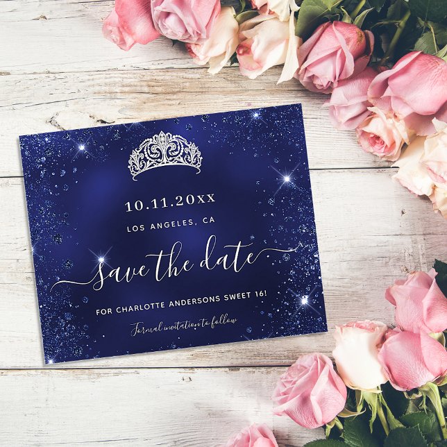 Budget Sweet 16 blue glitter dust save date (Creator Uploaded)