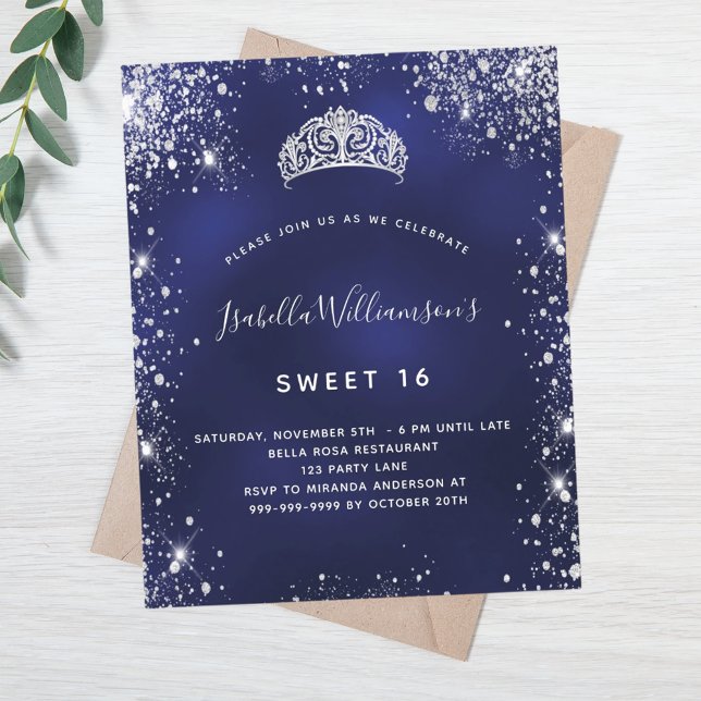 Budget Sweet 16 blue silver tiara invitation (Creator Uploaded)