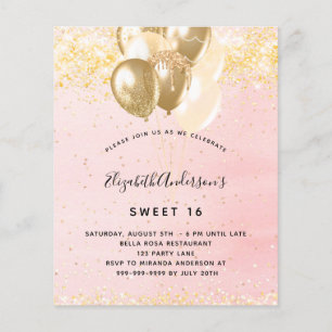 Budget Sweet 16 blush gold balloons invitation